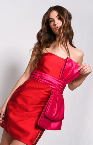 Hutch -  Narcisa Strapless Colorblock Bow Front Dress - Red/Pink