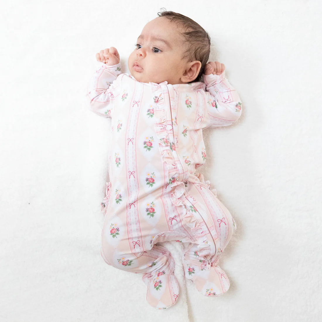 Angel Dear - Ogee Lace Floral  2 Way Ruffle Zipper Footie