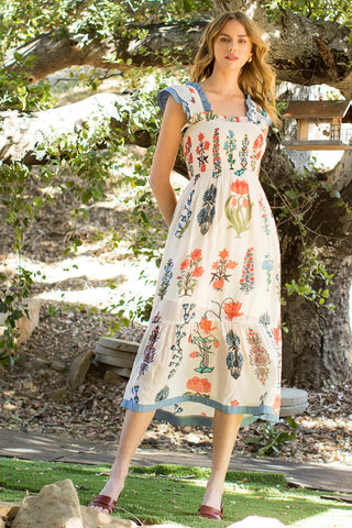 THML - Smocked Flower Print Dress - Cream
