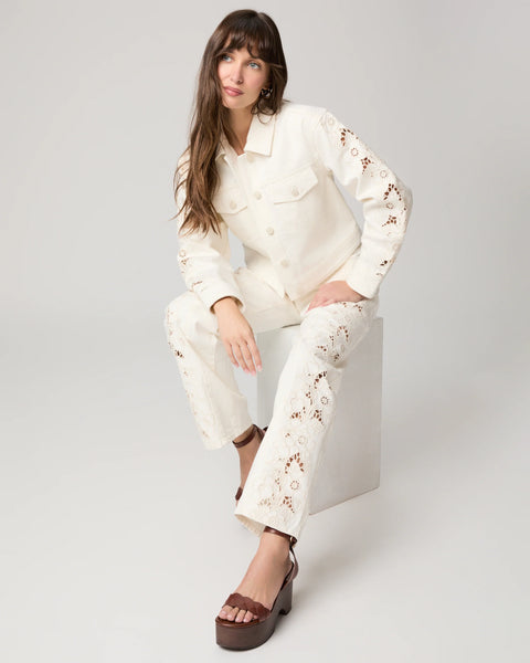 Paige - Sawyer Wide Leg w/ Embroidered Panels - Tonal Ecru