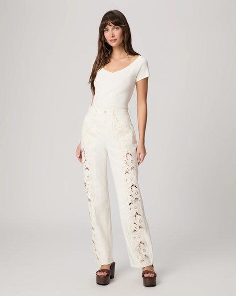 Paige - Sawyer Wide Leg w/ Embroidered Panels - Tonal Ecru
