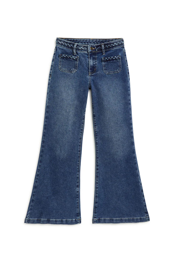 Tractr - Mid Rise Braided Patch Pocket Loose Flare - Medium Indigo