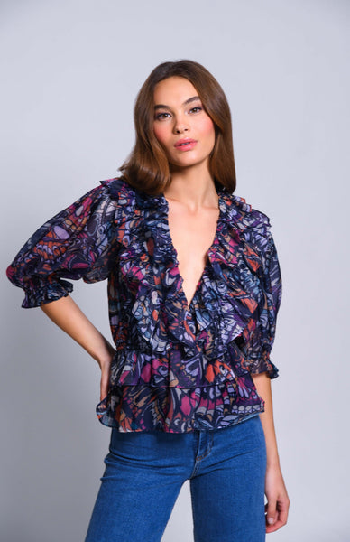 Hutch - Shiloh Multi Ruffle Peplum Top - Navy Rainbow Butterfly