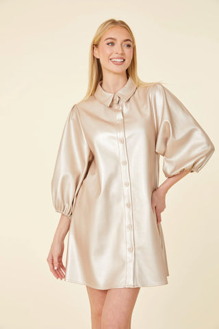 Dolce Cabo- Leather Puff Sleeve Dress- Gold