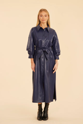 Dolce Cabo- Leather Maxi Ruched Sleeve Dress- Navy