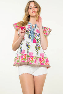 THML - Flutter Sleeve Print Tassel Top