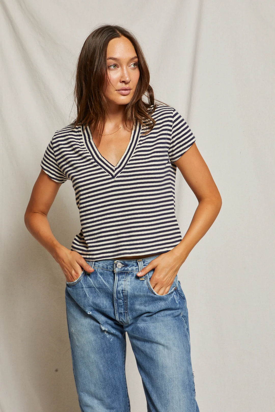 Perfect White Tee -  Alanis Recycled Cotton V Neck - Navy/White Stripe