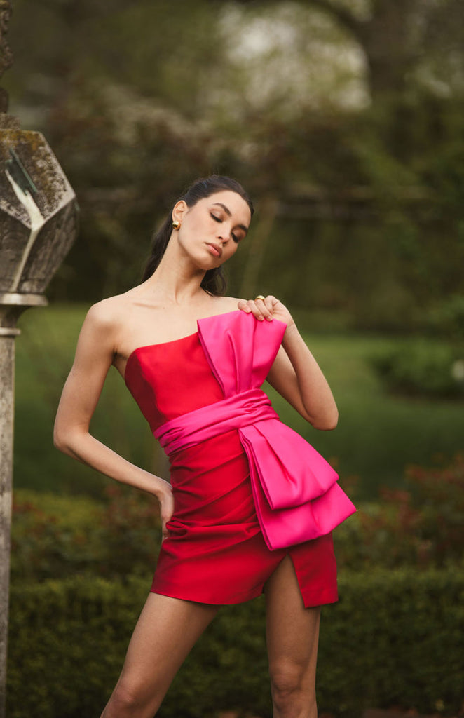 red dress pink bow Unrequited Bow Back Mini Dress Red/Pink