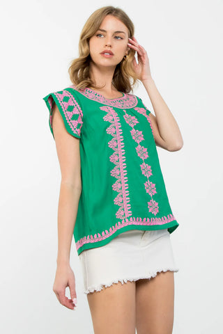 THML - Short Sleeve Embroidered Top - Green