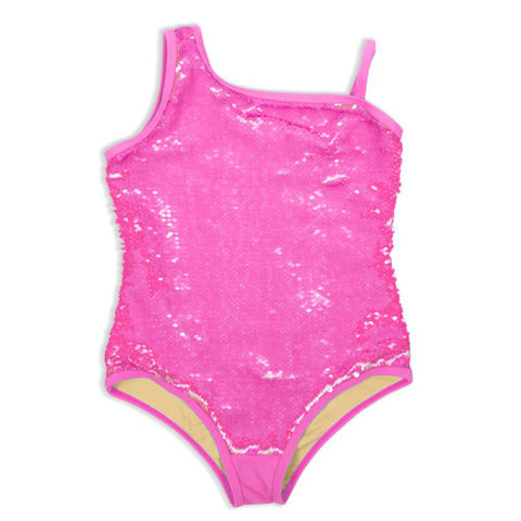 Shade Critters - Hot Pink Girls Sequin One Shoulder One Piece Swimsuit