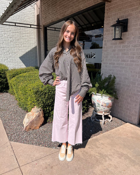 Olivaceous - Long Sleeve Linen Button Up - Brown Stripe