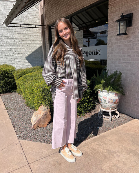 Olivaceous - Long Sleeve Linen Button Up - Brown Stripe