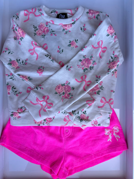 Flowers by Zoe - White Pink Rose Toile w/ Neon Pink Short