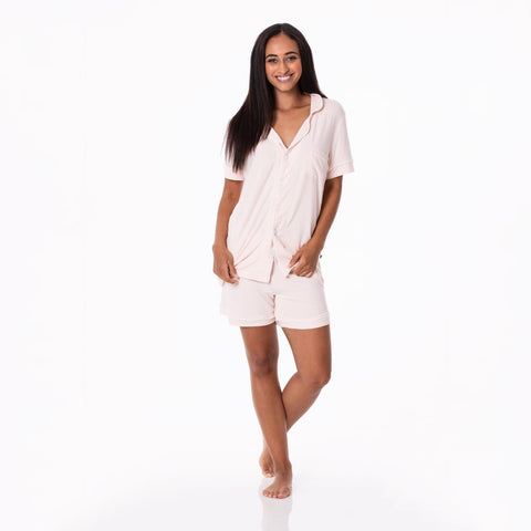 Kickee - Womens Solid Short Sleeve Collared Pajama Set w/Shorts - Latte w/Natural