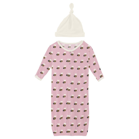 Kic Kee Pants - Print Layette Gown & Single Knot Hat Set - Cake Pop Baby Bumblebee