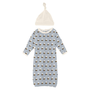 Kic Kee Pants - Print Layette Gown & Single Knot Hat Set - Pearl Blue Baby Bumblebee