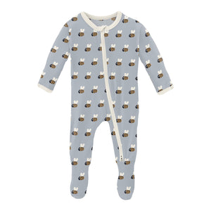 Kickee - Print Footie w/2 Way Zipper - Pearl Blue Baby Bumblebee