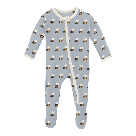 Kickee - Print Footie w/2 Way Zipper - Pearl Blue Baby Bumblebee