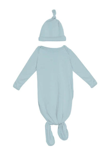 Kickee- Knotted Layette Gown & Hat Set- White, Spring Sky, Baby Rose, Mushroom