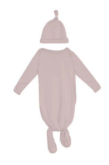 Kickee- Knotted Layette Gown & Hat Set- White, Spring Sky, Baby Rose, Mushroom