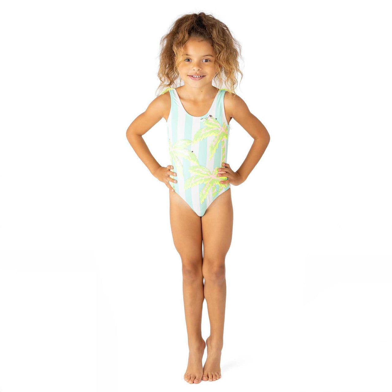 Shade Critters - Palm Stripe Girls Sequin Fringe Back One Piece Swimsuit