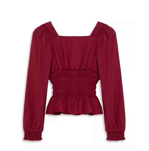 Habitual Girl - Square Neck Smocked Top - Burgundy