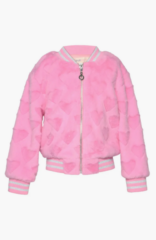 Baby Sara - Heart Embossed Faux Fur Bomber and Shorts Set - Pink