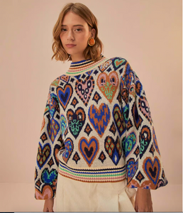 Farm Rio - Hearts Ikat Cream Knit Sweater