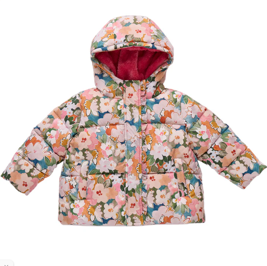 Pink Chicken - Girls Ruffle Pete Puffer - Watercolor Floral