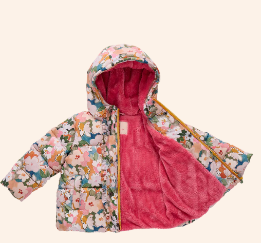 Pink Chicken - Girls Ruffle Pete Puffer - Watercolor Floral