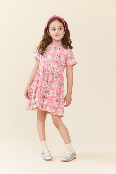 Pink Chicken - Girls Sketched Dogs Dress - Pink