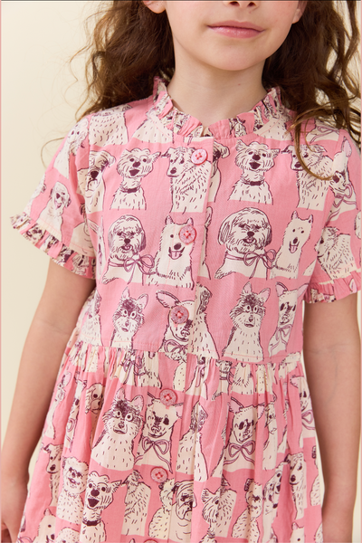 Pink Chicken - Girls Sketched Dogs Dress - Pink