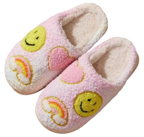 Malibu Sugar - Pastel Rainbow Smiley Fuzzy Slippers