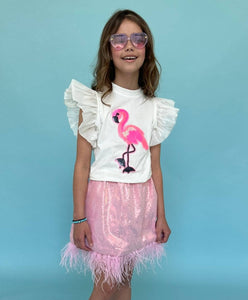 Lola & The Boys - Beaded Flamingo Ruffle T-Shirt