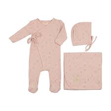 MonTresor- Leaf Print Wrap Layette Set- Ivory & Pink