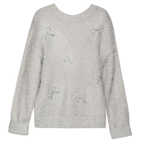 Hannah Banana - Fuzzy Metallic Sweater w/Sequin Bows - Grey