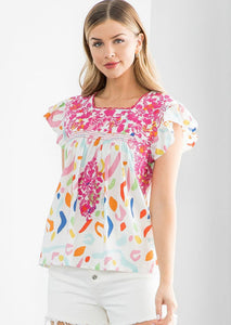THML -  Beth Embroidered Abstract Print Top