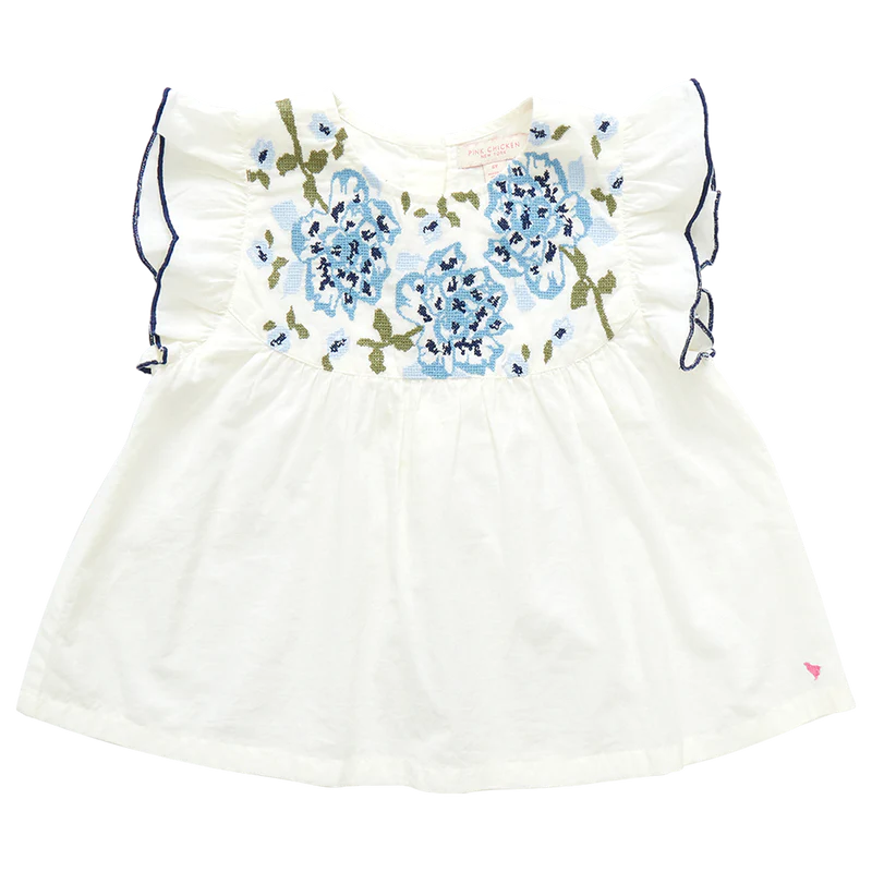 Pink Chicken - Girls Kari Top - Multi Blue Embroidery