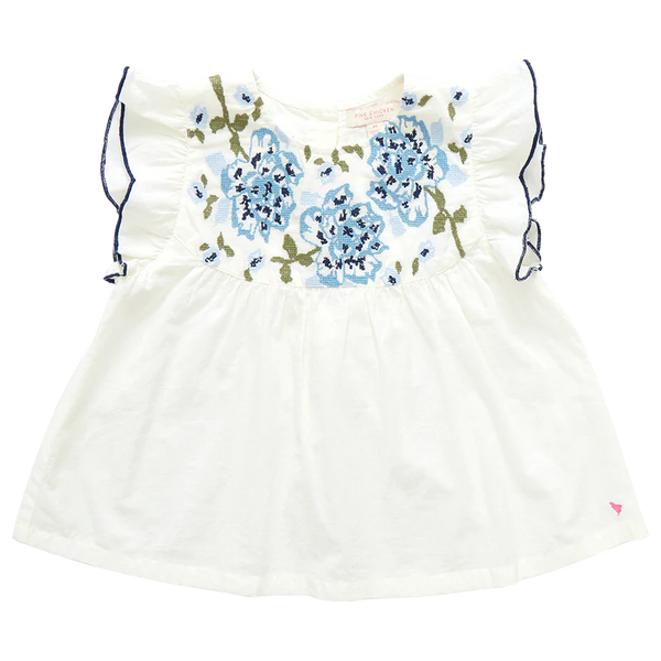 Pink Chicken - Girls Kari Top - Multi Blue Embroidery