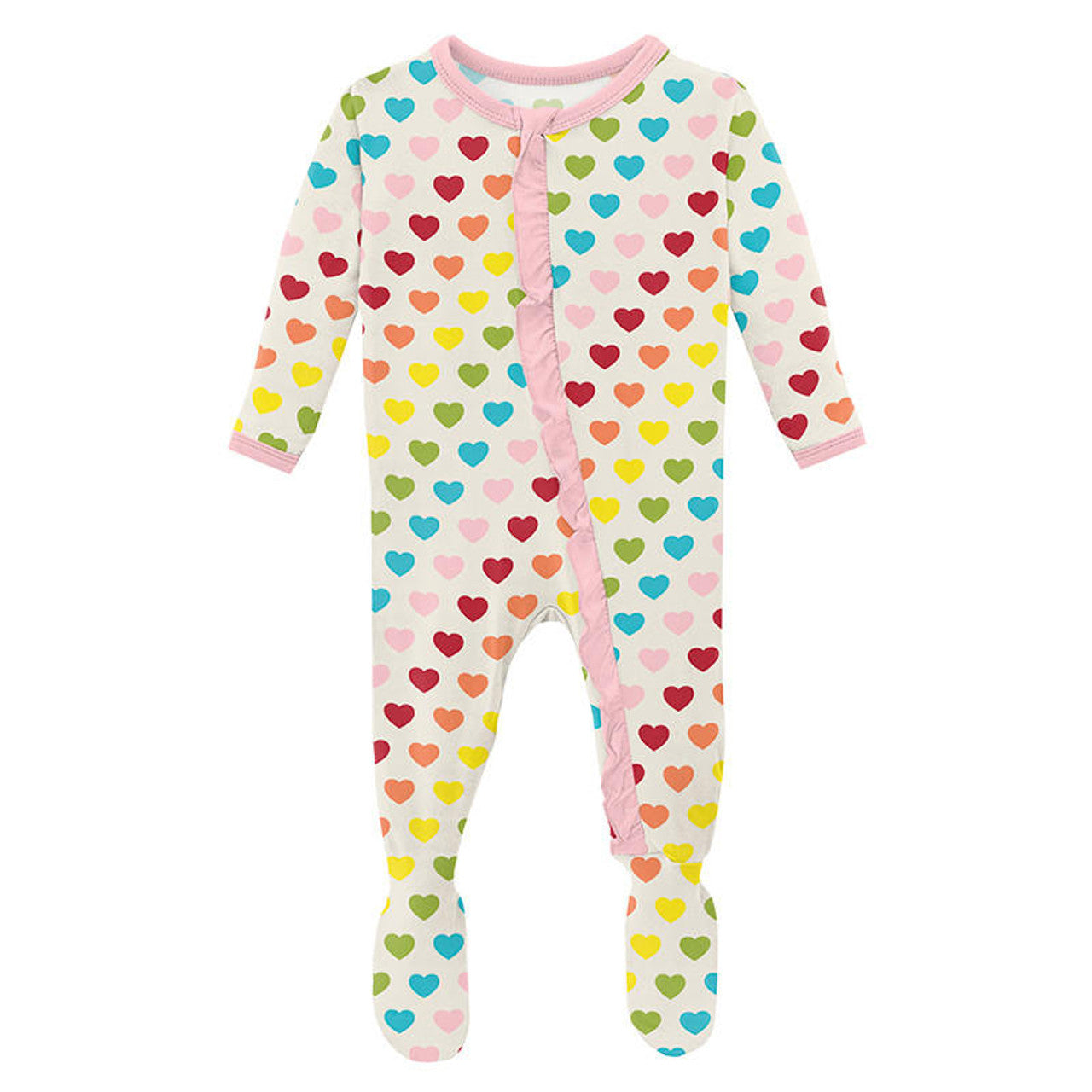 Kickee Pants - Print Classic Ruffle Footie w/ 2 Way Zipper Rainbow Hearts