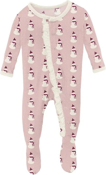 Kickee - Print Classic Ruffle Footie with Snaps - Baby Rose Tiny Snowman