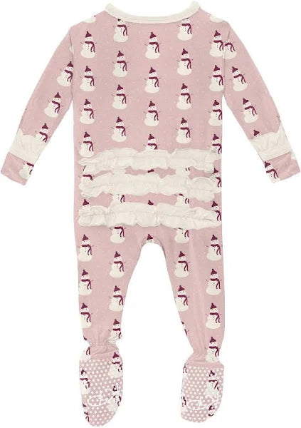 Kickee - Print Classic Ruffle Footie with Snaps - Baby Rose Tiny Snowman