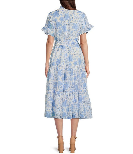 J. Marie Collections - Chloe Louise Button Up Midi Dress Blue/ White