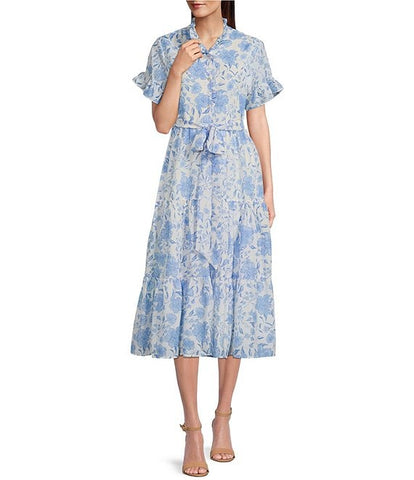 J. Marie Collections - Chloe Louise Button Up Midi Dress Blue/ White