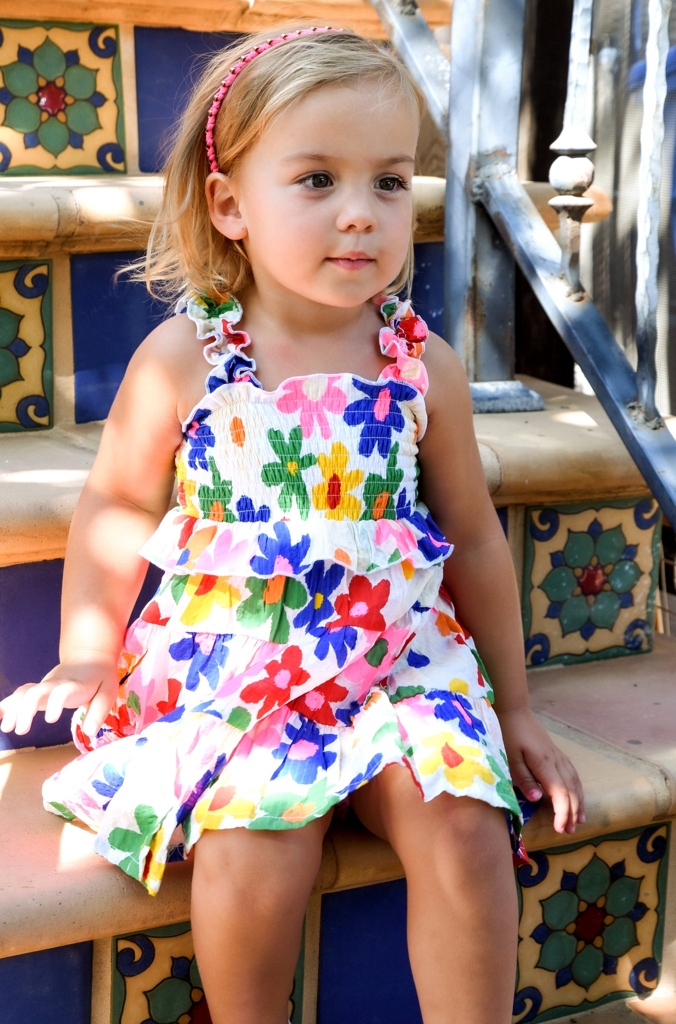 Baby Sara - Floral Print Smocked Ruffle Dress Ivory Multi