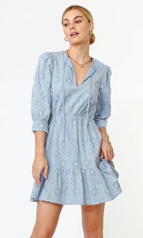 Greylin - Daisy Embroidered Popover Chambray Dress