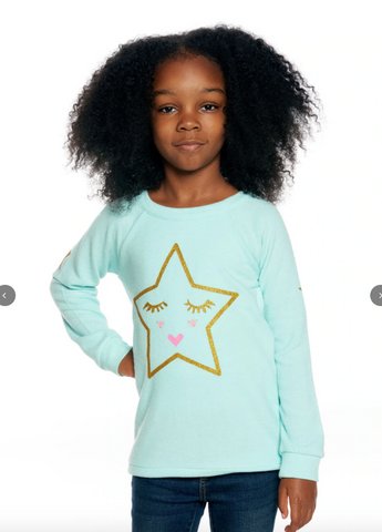 Chaser - Tween Girls Knit Raglan Pullover - Gold Star Happy Face