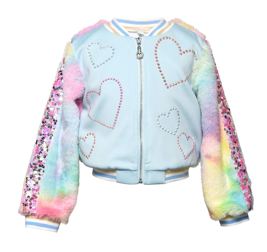 Baby Sara - Tie-Dye Faux Fur Bomber Jacket W/ Rhinestone and Sequin Patch
