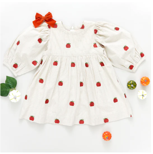 Pink Chicken - Girls Bea Dress Lark Check w/ Pumpkin Embroidery