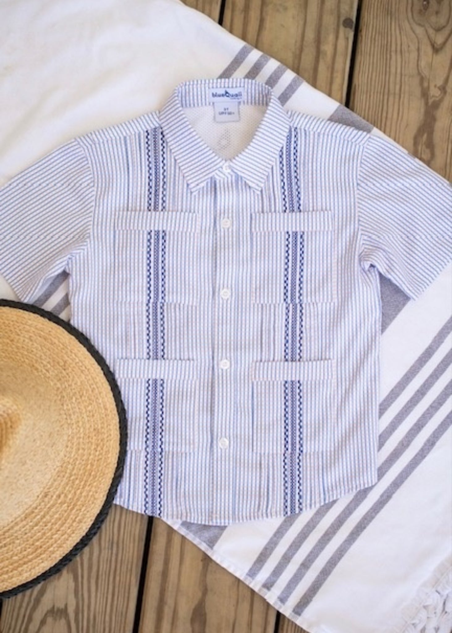 Blue Quail - Blue/ Orange Check Guayabera